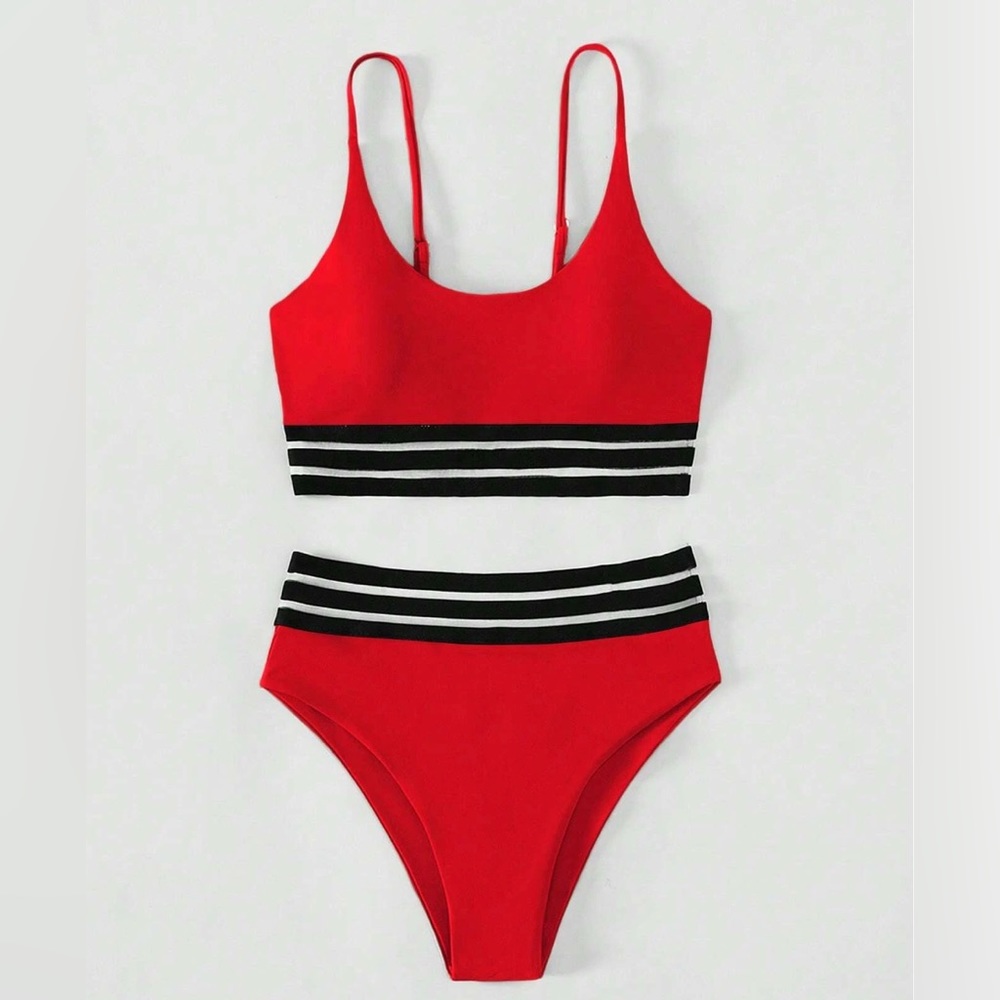 Red Contrast Mesh High Waisted Bikini Swimsuit - Picture 5 of 8